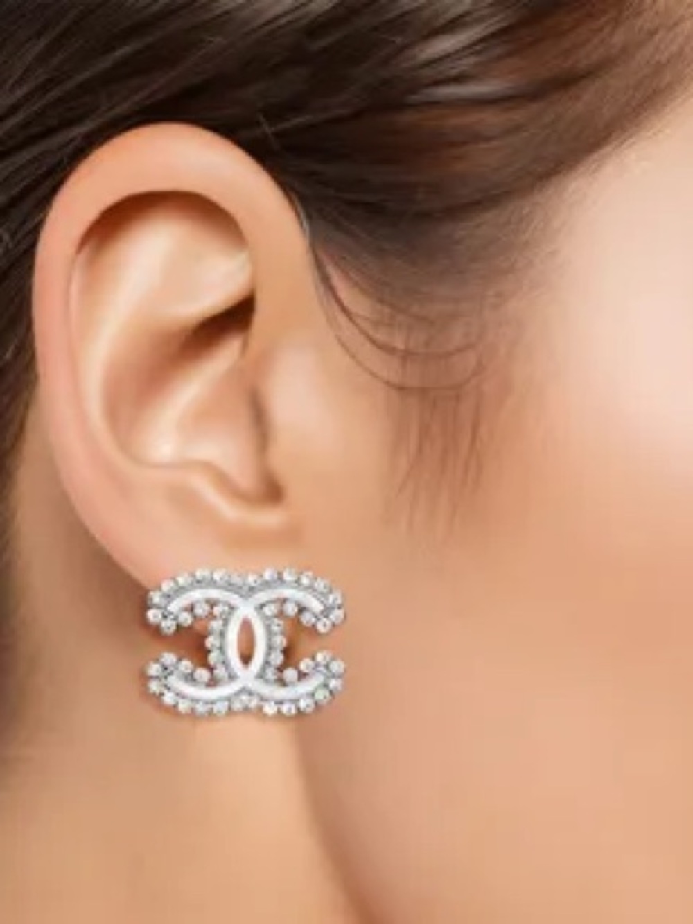 CC Logo Stud Earrings - Silver and White - Picture 4 of 6